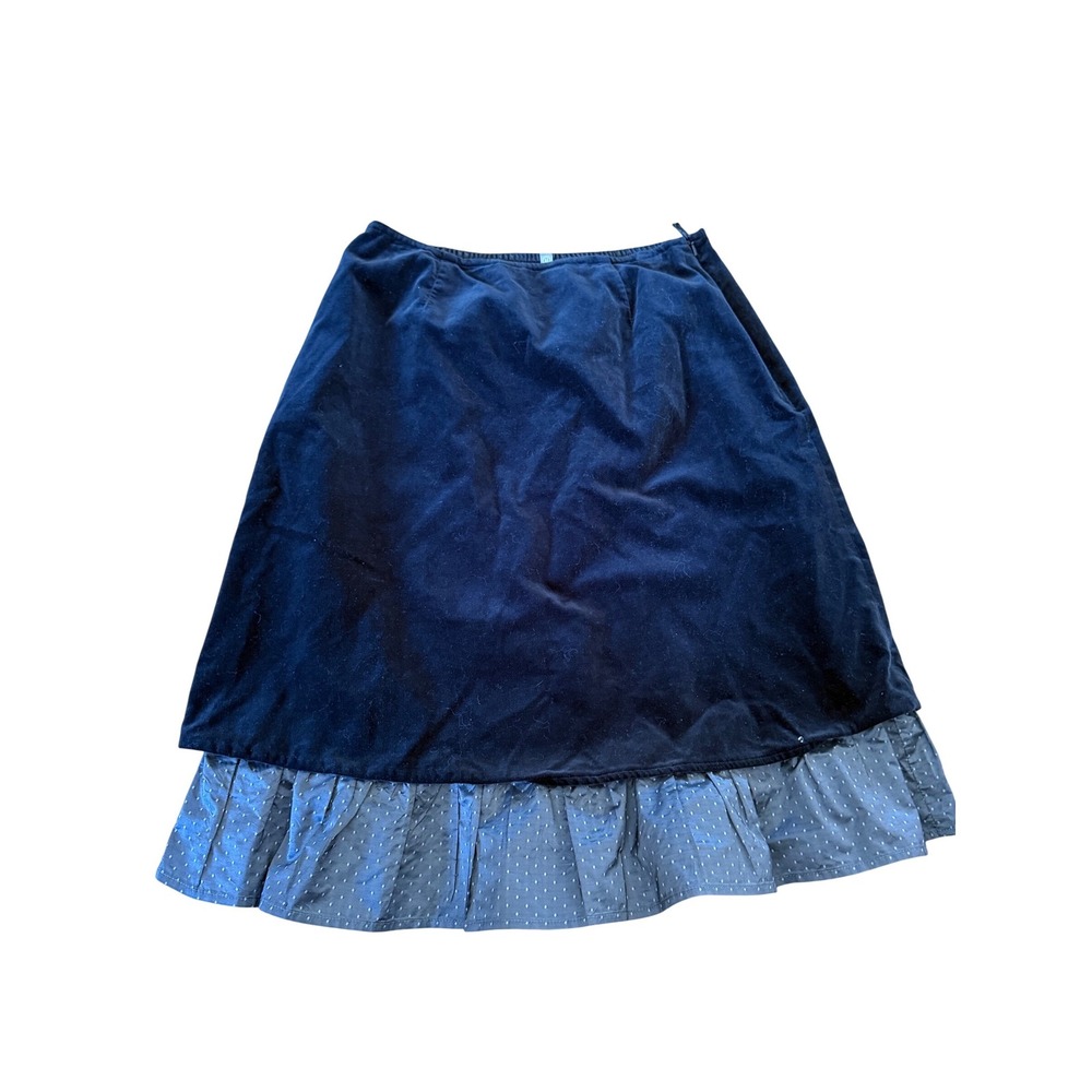 Hanna Andersson black velour skirt with navy blue polka dot ruffle underlay